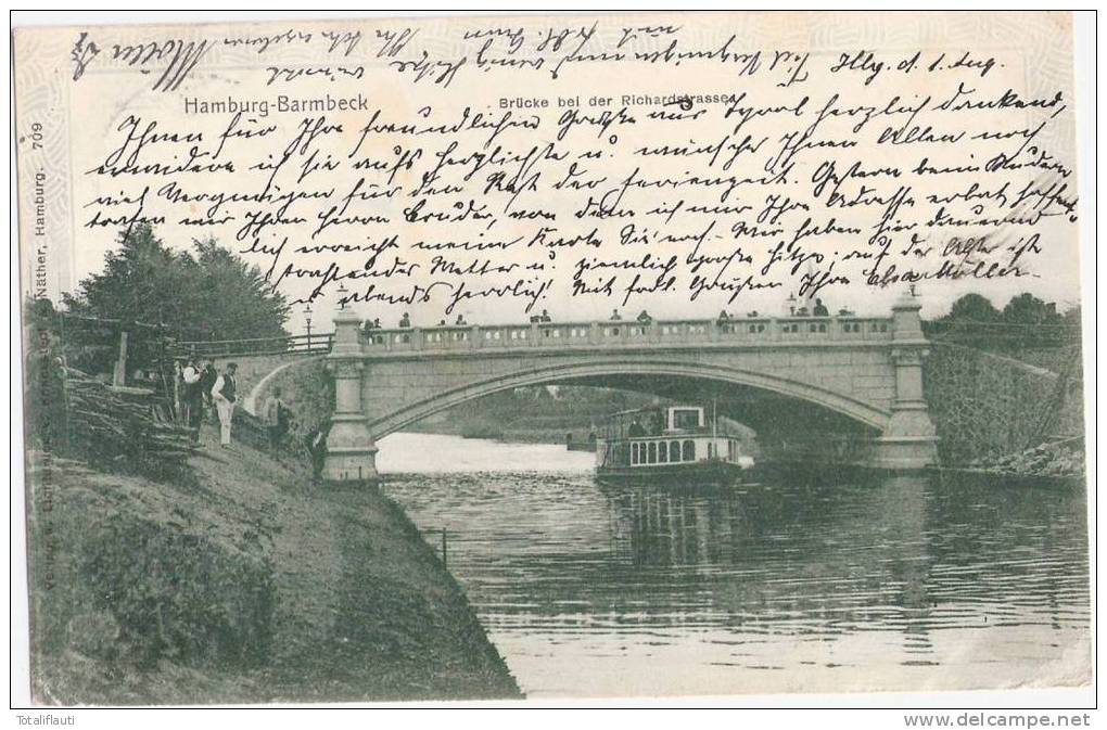 Hamburg Barmbeck Grünlich Belebt Schiff Brücke B D Richardstraße Nachgesendet  Berchtesgaden 1.8.1901 Barmbek - Nord