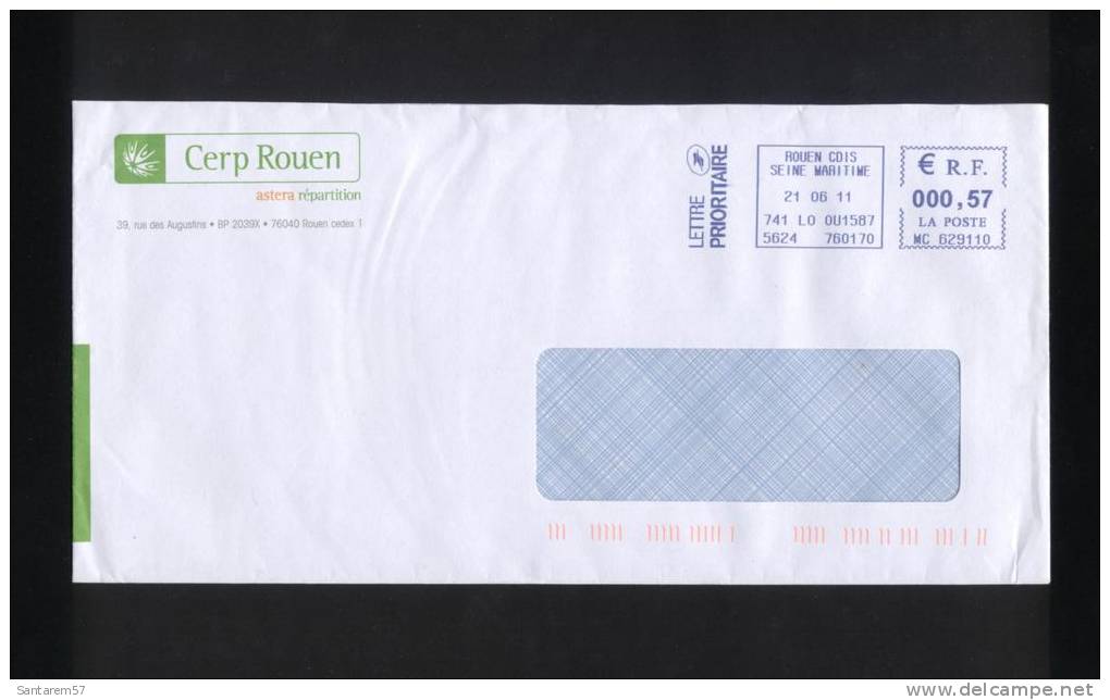 Timbre Stamp Enveloppe Envelope à Fenêtre CERP ROUEN ASTERA Répartition 0,57 Euro 21/06/2011 FRANCE - Covers & Documents