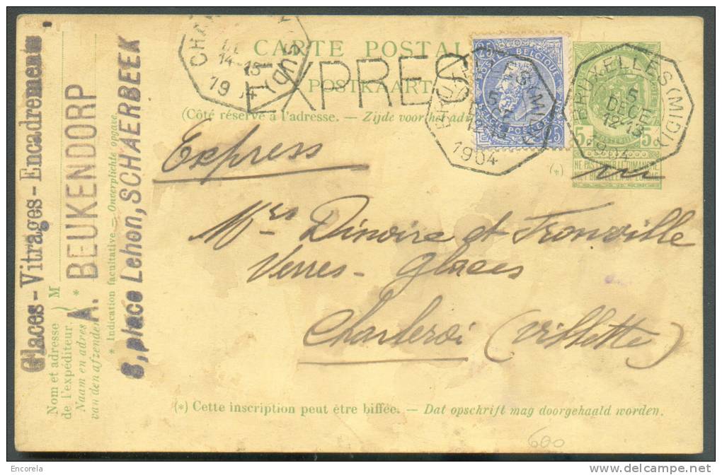 N°60 En Affr. Complémentaire S/E..P. Carte 5 Centimes Vert, Obl; Télégraphique BRUXELLES (MIDI) En Exprès Vers CHarleroi - Cartes Postales 1871-1909