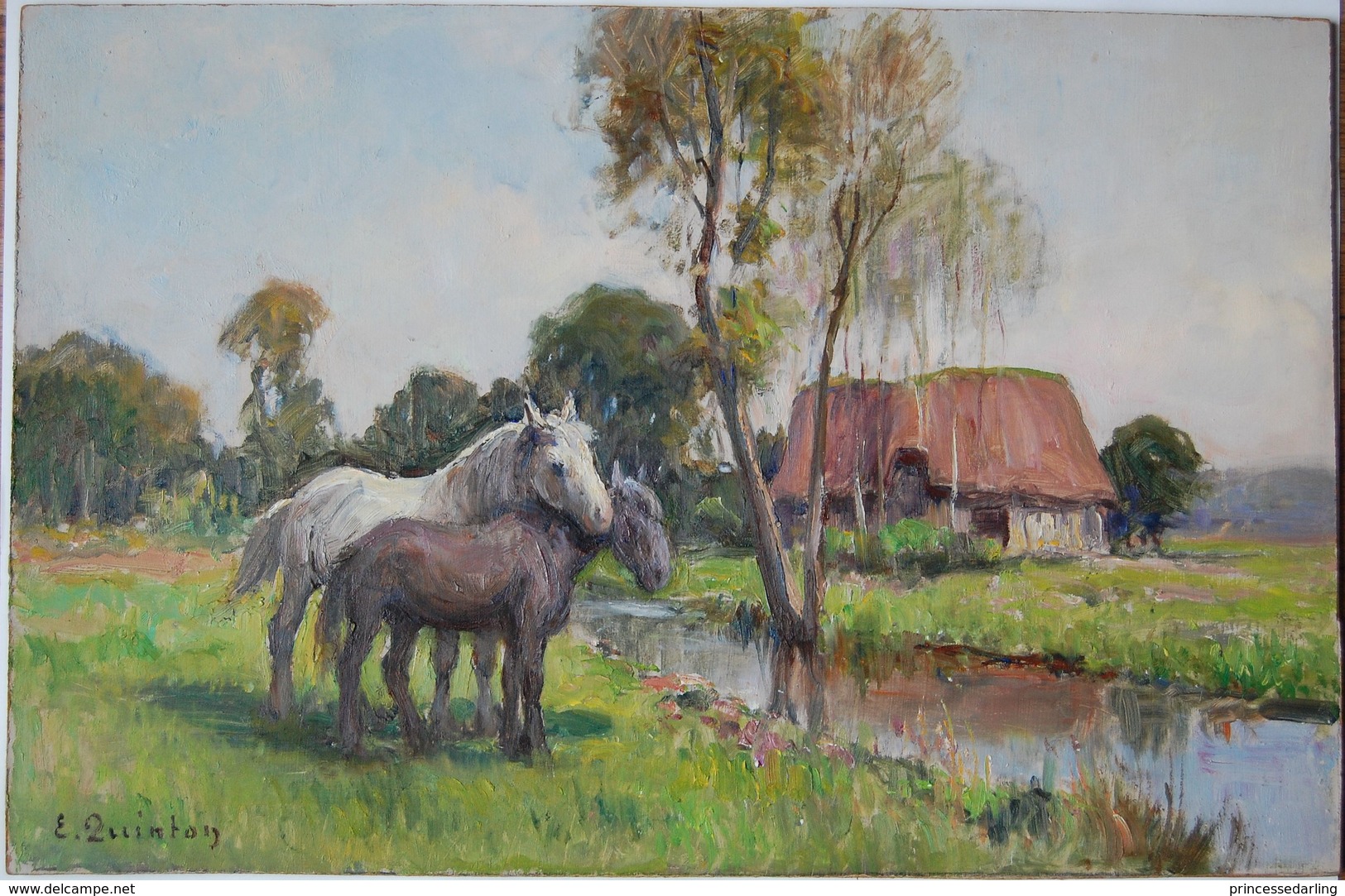 Tableau Huile Edmond Quinton Chevaux Rivière Campagne Paysage - Huiles