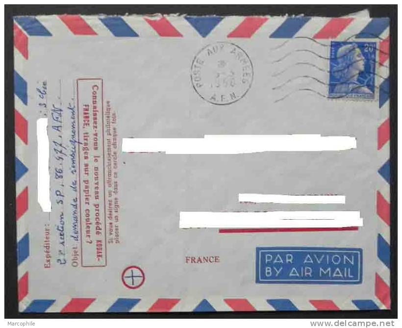 MARIANNE DE MULLER / 1958 OB. POSTE AUX ARMEES AFN SUR LETTRE AVION (ref 1968) - 1955-1961 Marianna Di Muller