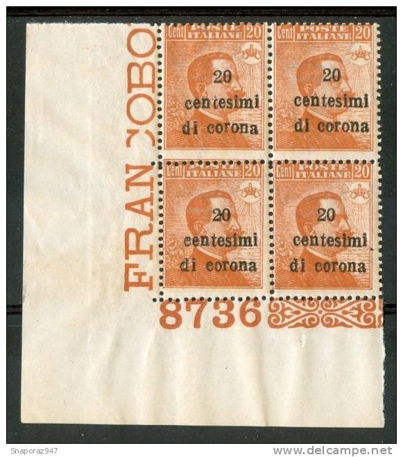 1919 Trento E Trieste 20c. Di Corona Quartina Con N° Di Tavola** - Trento & Trieste