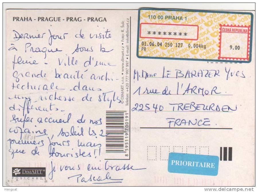 Carte Du 01/06/04 Avec étiquette D´affranchissement De Prague Pour La France - Cartas & Documentos