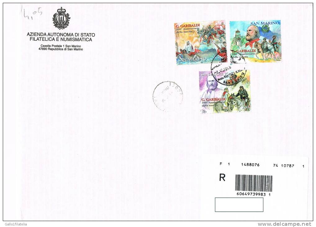 2007 - SAN MARINO - BUSTA VIAGGIATA CON LA SERIE COMPLETA "200° ANNIVERSARIO DELLA NASCITA G. GARIBALDI". - Lettres & Documents