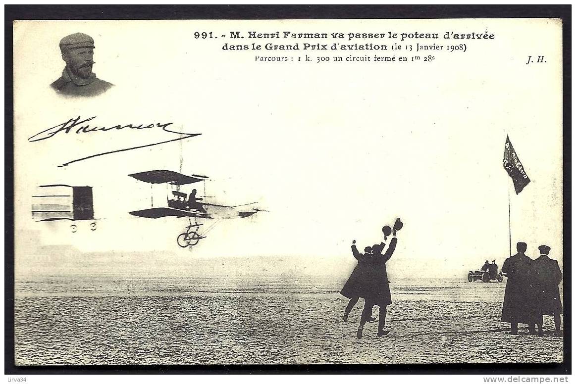 CPA  ANCIENNE- FRANCE- MEETING AVIATION- GRAND PRIX 1908- HENRI FARMAN VA PASSER LE POTEAU D'ARRIVÉE-  BELLE ANIMATION - Demonstraties