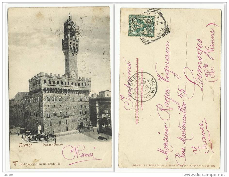 FIRENZE, Palazzo Vecchio, Limoges, 1902., Italy, Postcard - Postage Due