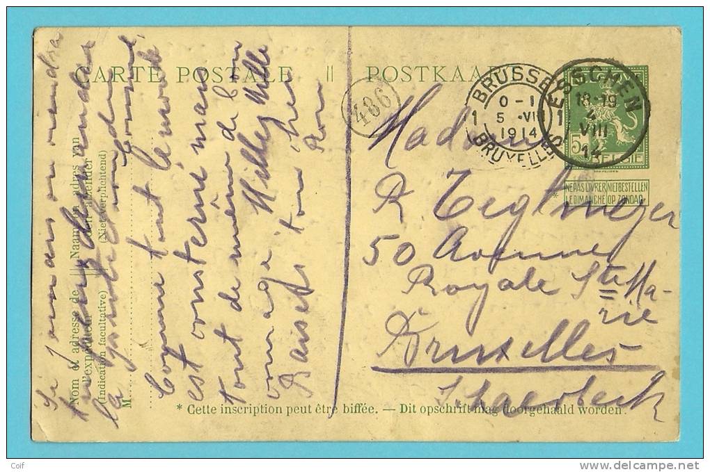 Entier Met Stempel ESSCHEN Op 4/08/1914 (1°dag Oorlog) Naar BRUXELLES (Schaerbeek) Op 05/08/1914 - Zona Non Occupata