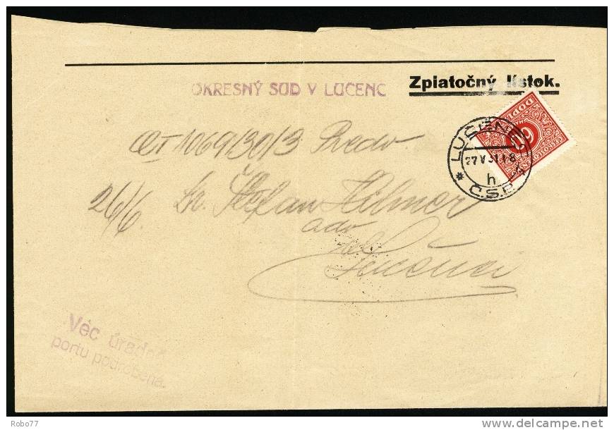 Czechoslovakia. Zpiato&#269;ný Lístok - Cover With Postage Due Stamp. Lu&#269;enec H, 27.V.31 (A08045) - Timbres-taxe