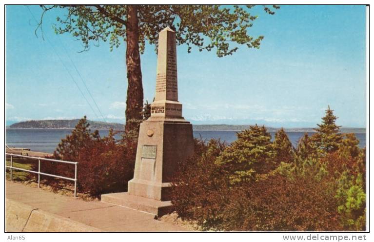 Seattle WA, Alki Beach West Seattle, Birthplace Of Seattle Monument Obelisk, C1940s/50s Vintage Postcard - Seattle