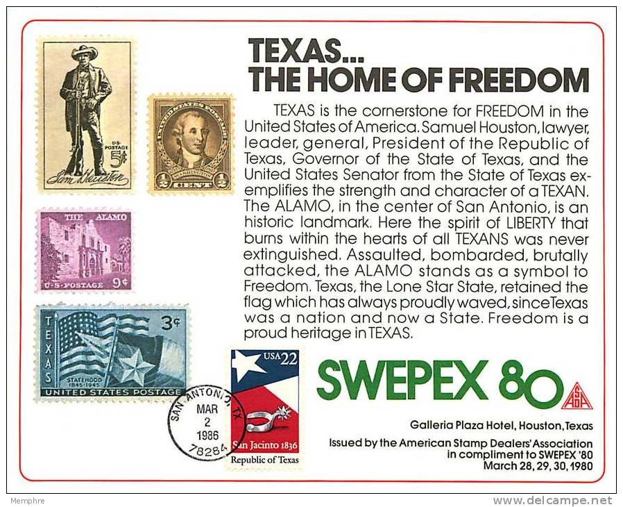 ASDA Philatelic Exhibiton Souvenir Card   SWEPEX '80   Texas, The Home Of Freedom - Souvenirkarten