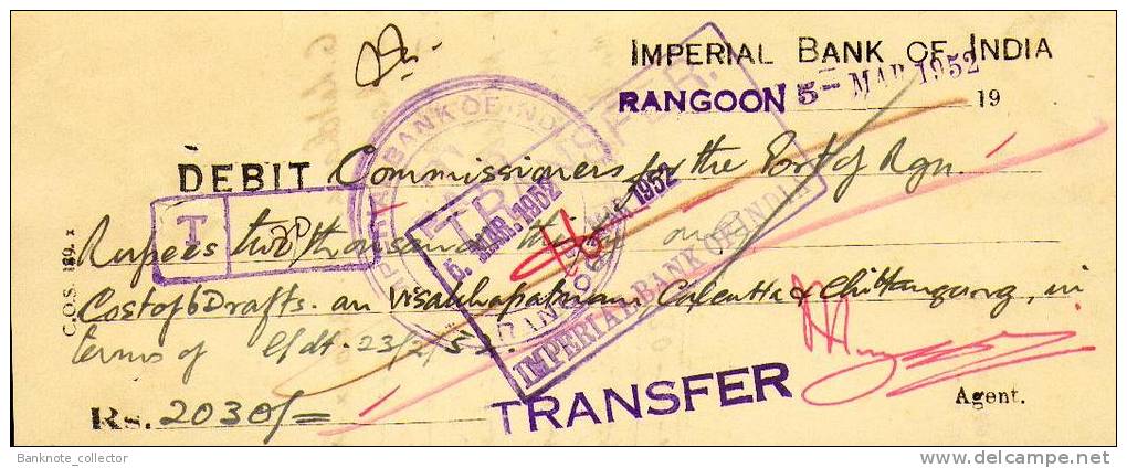 Imperial Bank Of India - Rangoon, Scheck From 1952, Union Of Burma ! - Banco & Caja De Ahorros