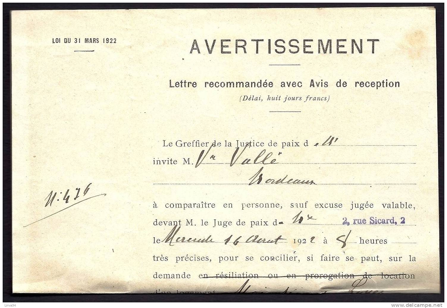 LETTRE-IMPRIMÉ RECOMMANDÉE AVEC A.R. ANCIENNE- COVER- FRANCE-  MOUCHON 60ct N° 144 BIEN CENTRÉ- BORDEAUX LOCAL- 1922 - Cartas & Documentos