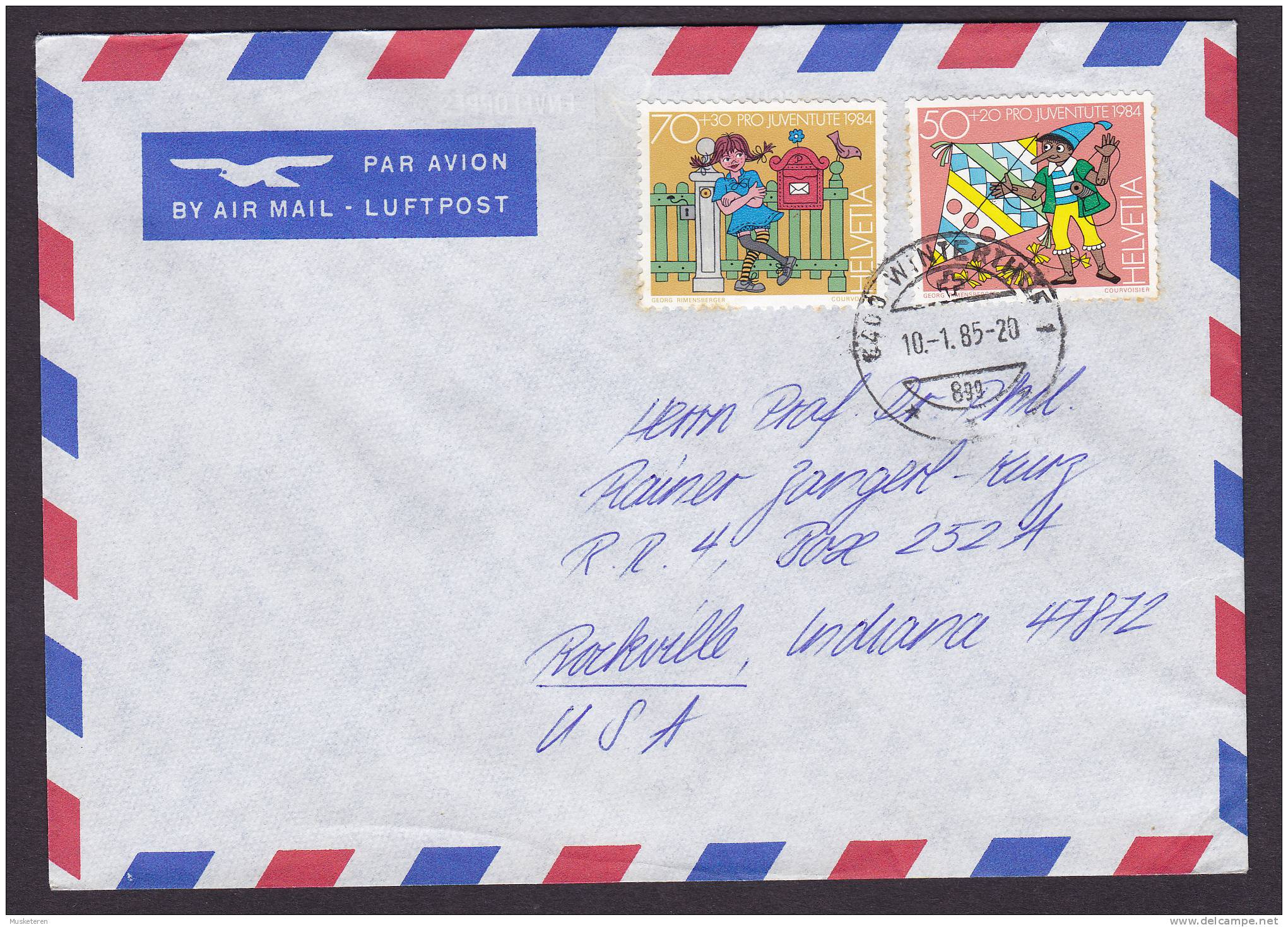 Switzerland Airmail WINTERTHUR 1985 Cover To ROCKVILLE Indiana USA Pro Juventute Stamps - Other & Unclassified