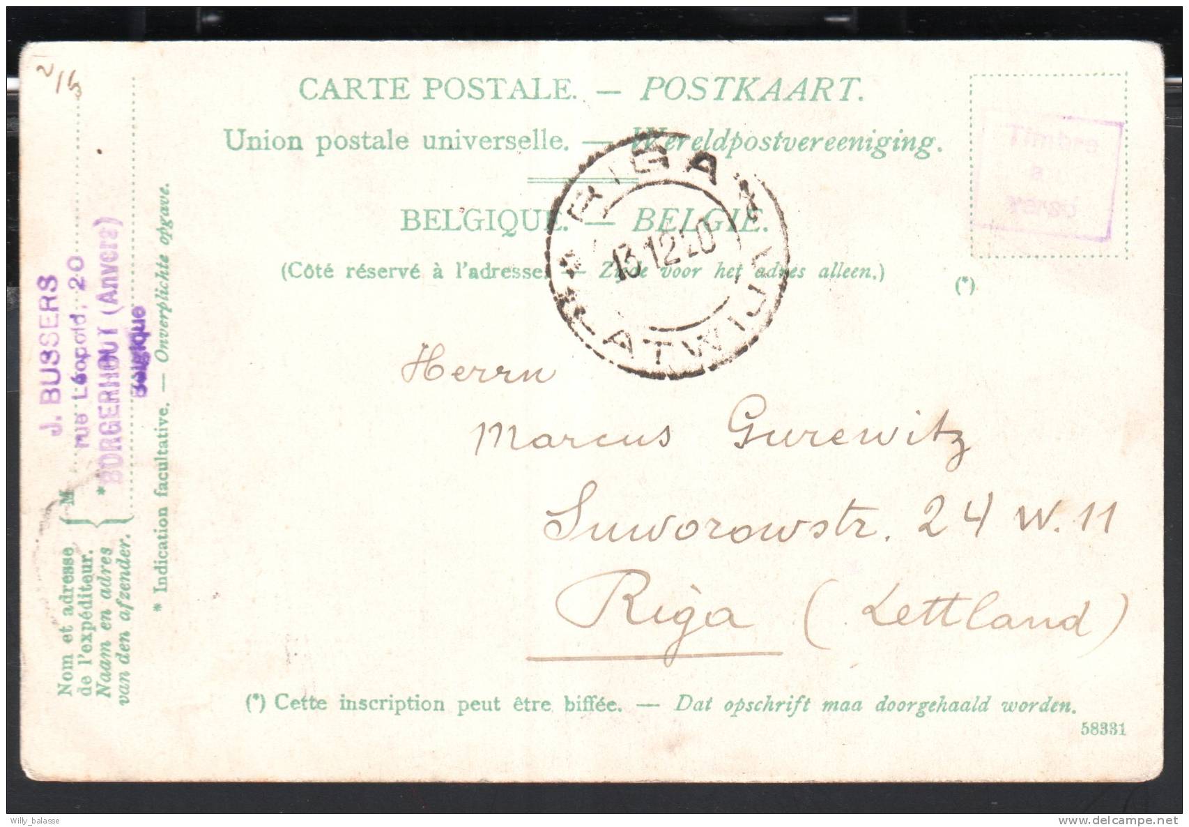 Carte Affr. N°16+165+166+167d'ANVERS/1920 Pour La Lettonie - Cartas & Documentos