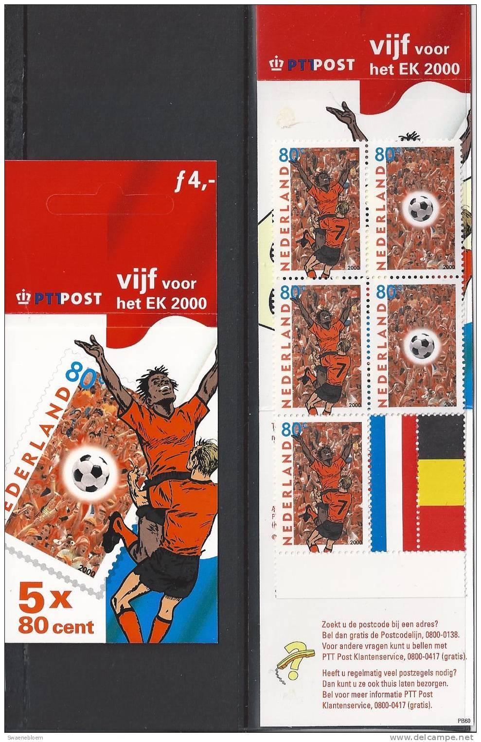 NL.- Pz. Postzegelboekje PB 60**. Uitgifte 25 Maart 2000. Vijf Voor Het EK 2000. - Carnets Et Roulettes