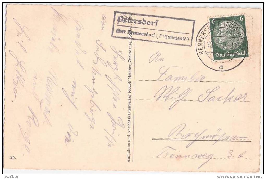 Zuckmantel Sanatorium M Bischofskoppe CUKMANTL Landpost Nebenstempel Petersdorf über Hennersdorf (Ostsudeten) 12.6.1940 - Boehmen Und Maehren