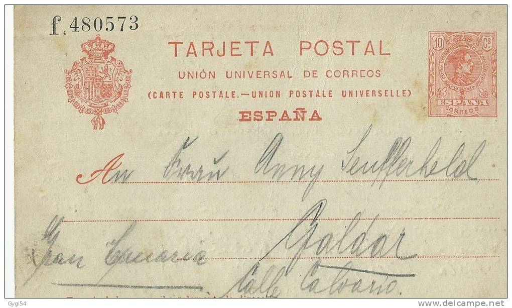Espagne Entier    16/07/ 1919    Vers Galdar Départ El Cipres - 1850-1931
