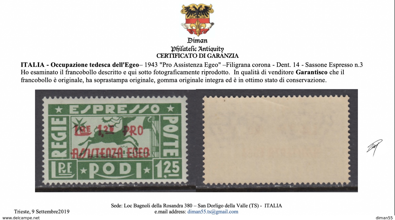 ITALY - EGEO OCC. TEDESCA  Exp. N.3 - Cat. 450 Euro - Con CERTIFICATO  GOMMA INTEGRA - MNH** - Egée (Occ. Allemande)