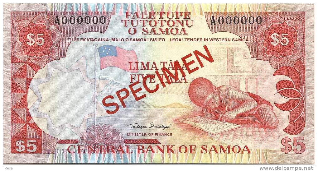 SAMOA 5 TALA RED SPECIMEN FLAG CHILD FRONT APIA LANDSCAPE BACK ND(1985) P.26s UNC READ DECRIPTION !!!! - Samoa