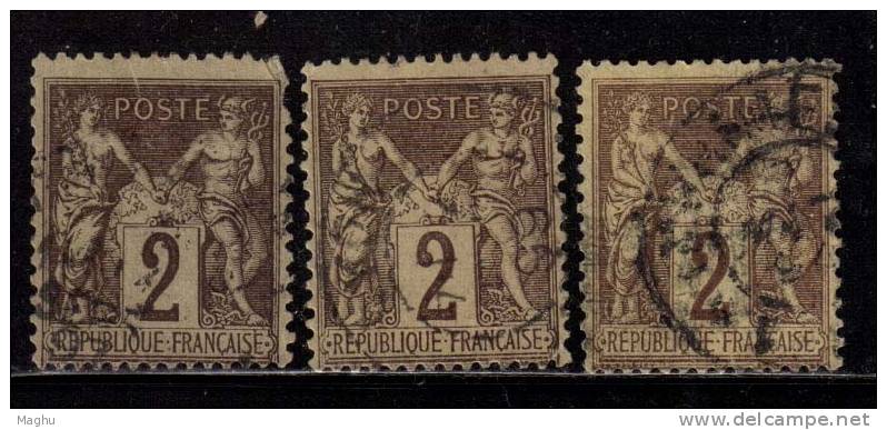 France Used 1876  Peace & Commerce Series, Sage? 2c X  3 Diff., Colour Shades,  As Scan - 1876-1878 Sage (Type I)