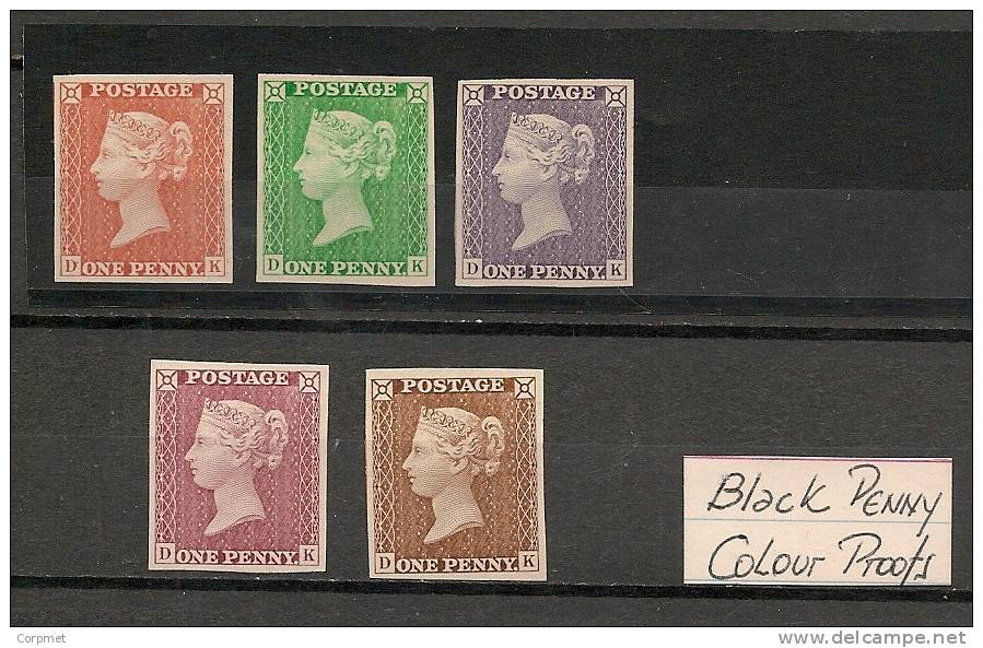 PENNY BLACK - 5 Reprints From 1940 Stamp Exhibition In London - Different COLOR - All Lettering DK - Essays, Proofs & Reprints