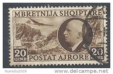 1939 ALBANIA USATO EFFIGIE POSTA AEREA 20 Q - RR9650-3 - Albanie