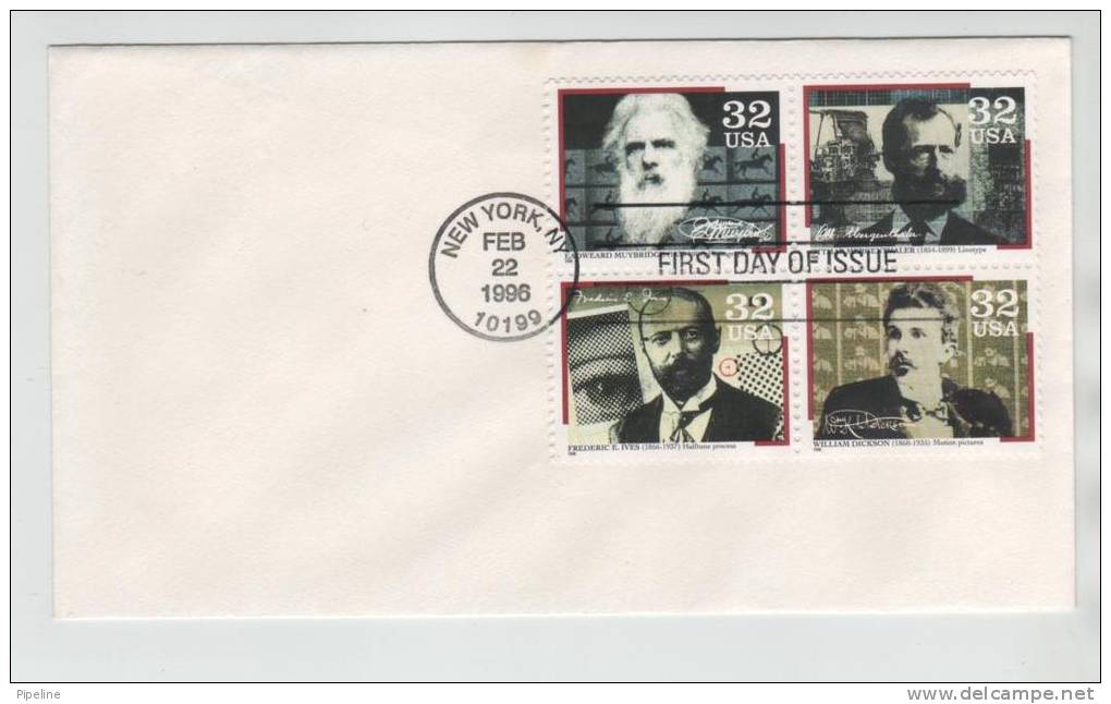 USA FDC New York 22-2-1996 Plate Block Of 4 Scientists - 1991-2000