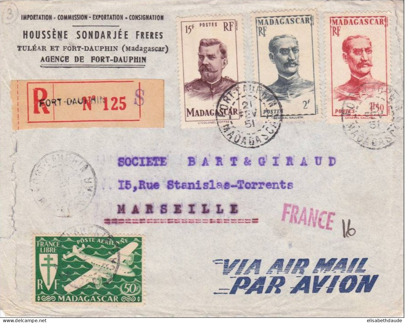 MADAGASCAR - 1951 - ENVELOPPE RECOMMANDEE Par AVION De FORT DAUPHIN Pour MARSEILLE - Briefe U. Dokumente