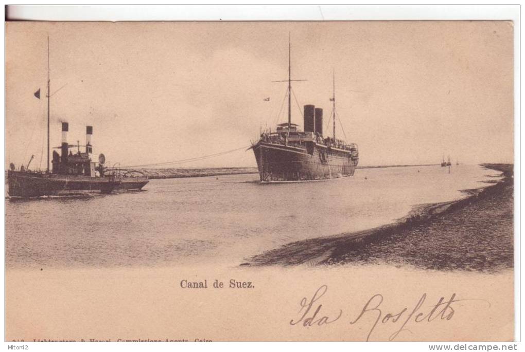 58te-Trasporti-Barche-Navi-Canale  Di Suez-Egitto-Egypte-Nave E Rimorchiatore-V.1903 X Catania-Francobollo Asportato. - Suez