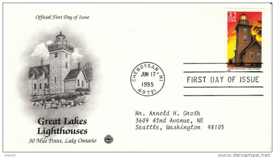 #2973 32-cent Great Lakes Lighthouse, 30 Mile Point Lake Ontario, Cheboygan MI 17 June 1995,First Day Cancel Postmark - 1991-2000