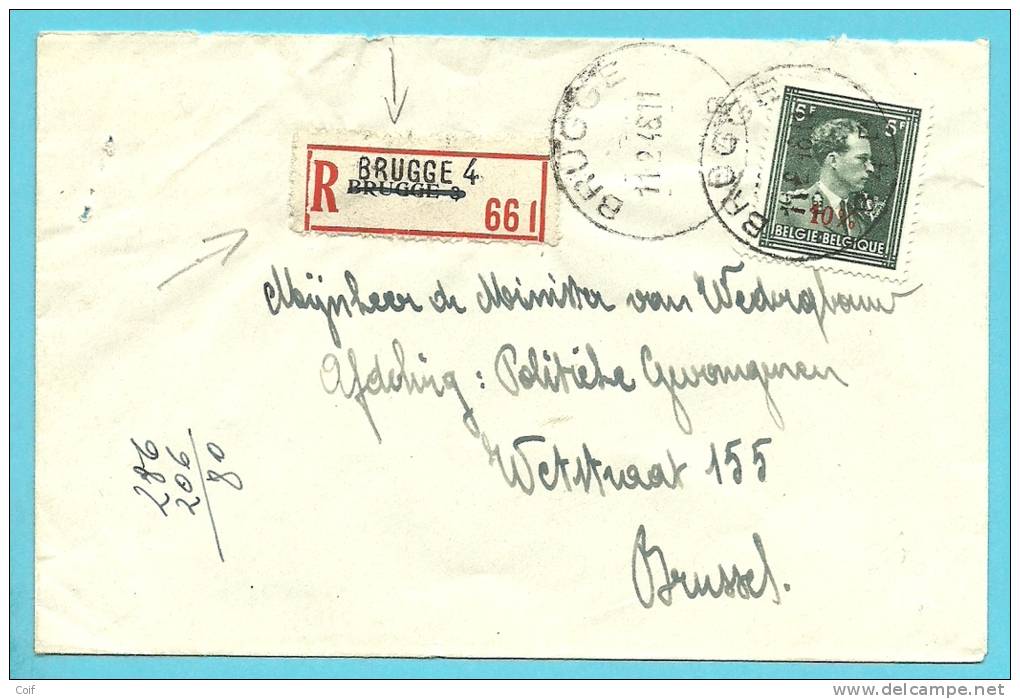 724T  Brief Aangetekend, Stempel BRUGGE 4 , Uit Nood Bij Gebrek Aantekenstrookje Van BRUGGE 8 Gebruikt Met BRUGGE 4 Erop - 1946 -10%