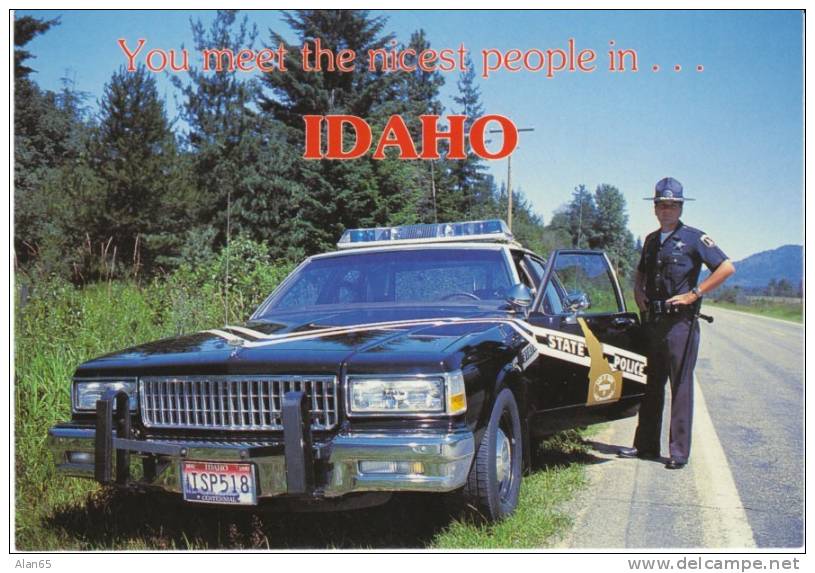 Greetings From Idaho, State Patrol Highway Police Officer And Car C1990s/2000s Vintage Postcard - Andere & Zonder Classificatie