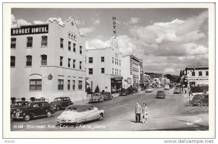 Coeur D'Alene Idaho, Sherman Avenue, Great Auto, Hotel, Wilma Theater(?) Signs, C1940s Vintage Real Photo Postcard - Coeur D'Alene
