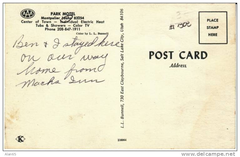 Montpelier ID Idaho, Park Motel, Lodging, Great Sign, C1960s/70s Vintage Postcard - Andere & Zonder Classificatie