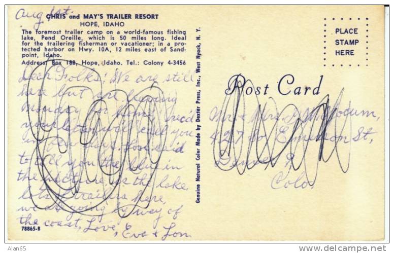 Hope ID Idaho,  Chris And May's Trailer Resort Court Camping, C1950s/60s Vintage Postcard - Other & Unclassified