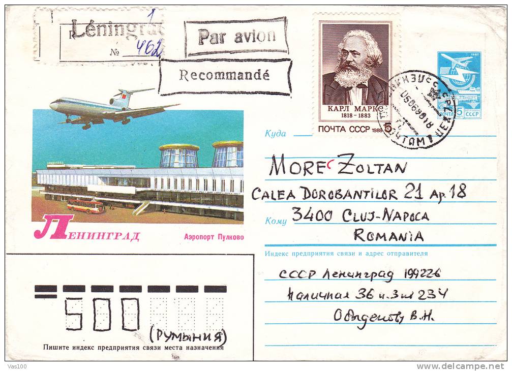 KARL MARX STAMPS ON REGISTRED COVER STATIONERY,AIRPORT 1987 RUSSIA. - Karl Marx