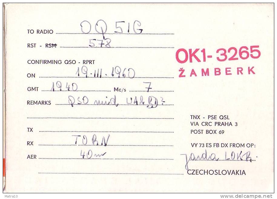 CARTE QSL CARD 1960 RADIOAMATEUR HAM OK-1 ZAMBERK JEUX SPARTAKIADE PRAGUE PRAHA TCHECHOSLOVAQUIE CZECHOSLOVAKIA - Atletica