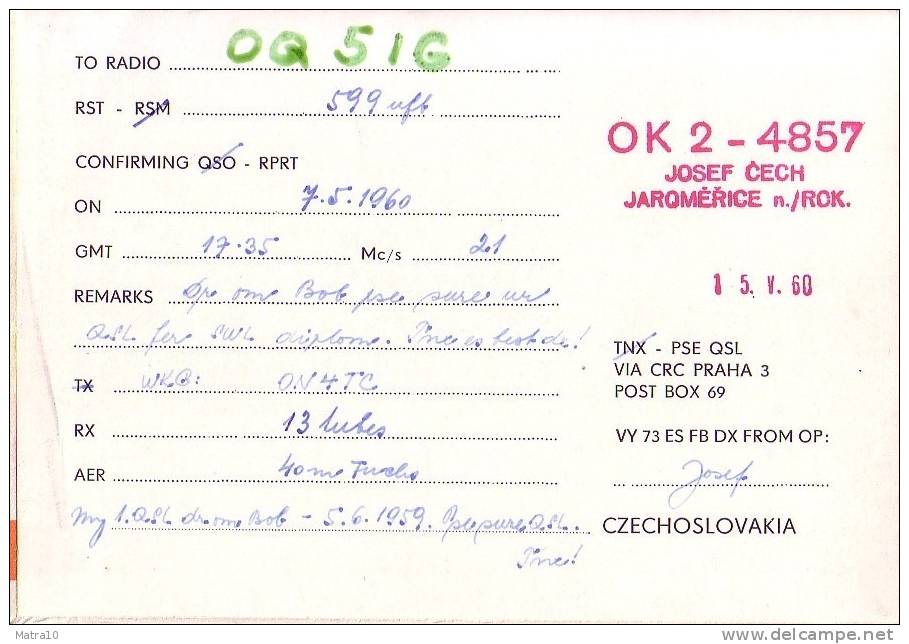CARTE QSL CARD 1960 RADIOAMATEUR HAM OK-2 JAROMERICE JEUX SPARTAKIADE PRAGUE PRAHA TCHECHOSLOVAQUIE CZECHOSLOVAKIA - Atletica