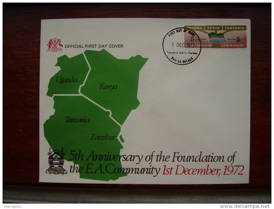 KUT 1972 5th.Anniv Of EAST AFRICAN COMMUNITY  5/- STAMP On FDC. - Kenya, Uganda & Tanzania