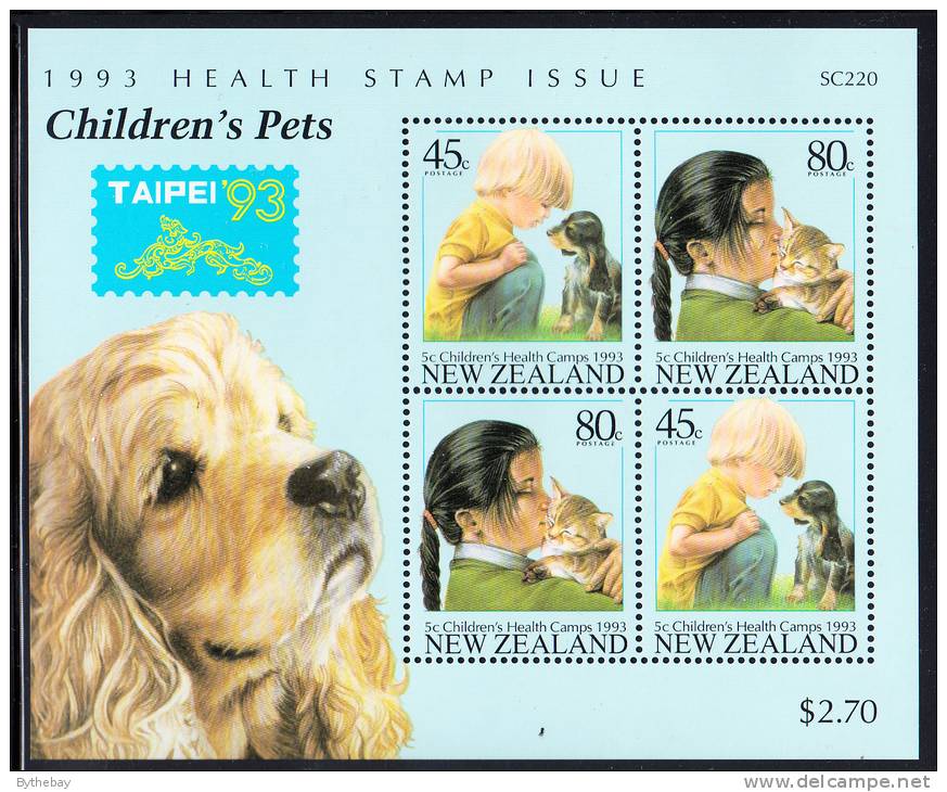 New Zealand Scott #B144b MNH Souvenir Sheet Of 4 Health Stamps - Boy With Puppy, Girl With Kitten - TAIPEI '93 - Nuevos