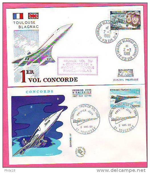 CONCORDE 1ER Vol Du 001 - 02 03 69  2 Env +1er Jour 10 01 76 - De J   VERNE  à CONCORDE 1ère Escale VICHY  9 09 83 - Premiers Vols