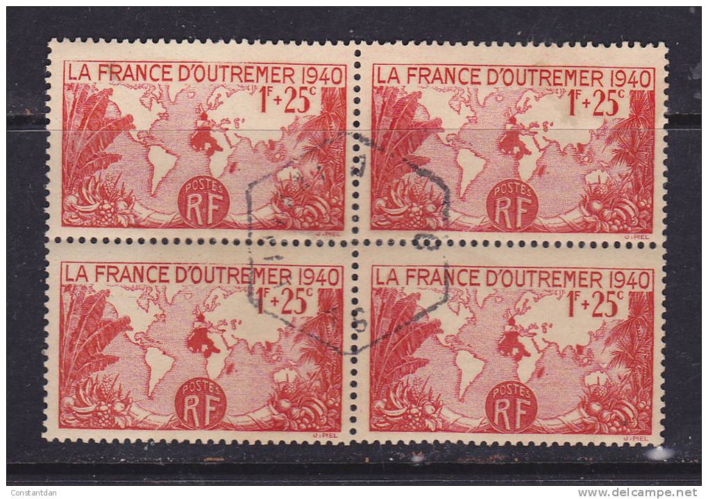 FRANCE N° 453 1f + 25c ROUGE POUR LA FRANCE D´OUTRE MER BLOC DE 4 OBL - Used