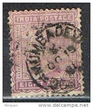 Sello 8 Annas Violeta  Amarillo 1882, India Inglesa, Yvert Num 41 º - 1882-1901 Impero