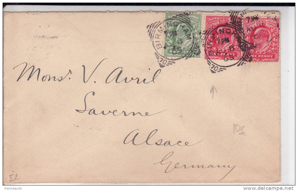 GB - 1905 - ENVELOPPE De BIRMINGHAM Pour SAVERNE Avec CACHET NUMEROTE 70 - Storia Postale