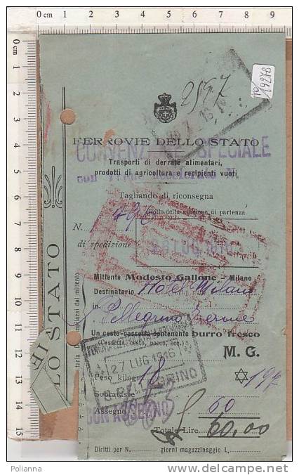 PO1927B# FERROVIE DELLO STATO - TAGLIANDO SPEDIZIONE Per HOTEL MILANO - PELLEGRINO TERME 1916/TRASPORTI TRENO - Europa