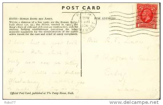 Postcard England, Great Britain, United Kingdom. 1936 Bath. Roman Bath &amp; Abbey. (T05007) - Bath