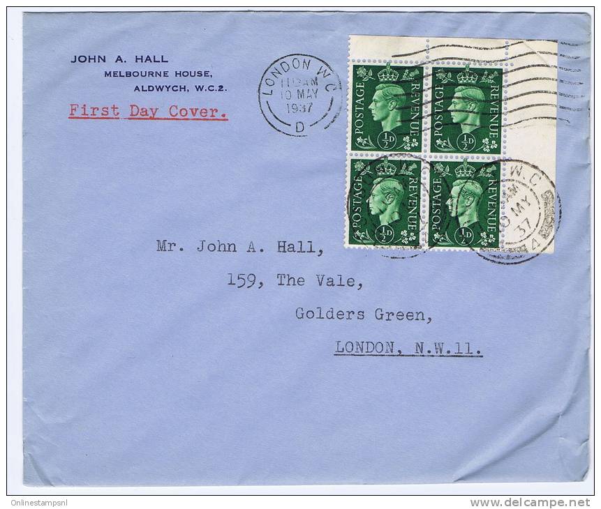 Great Britain:  FDC 1937 SG 462   Dd  10-05-1937, 4-block With Corner Margin, To London - ....-1951 Pre Elizabeth II