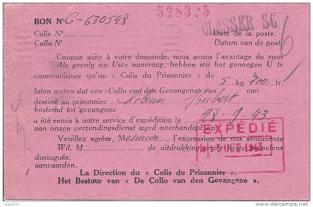 Croix Rouge De Belgique - Le Colis Du Prisonnier - Accusé De Reception D´un Colis N° 528325 - Guerre 40-45 (Lettres & Documents)