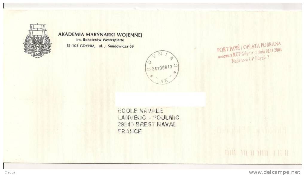 11034 - LETTRE DE POLOGNE - EN PORT PAYE - ACADEMIE DE MARINE (Année 2008). - Officials