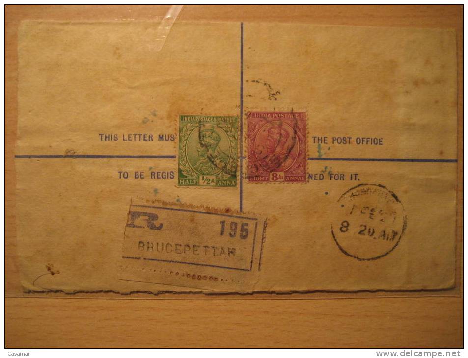 Brucepettar 1923 To Channapattanam 2 Stamp On Registered Letter Postal Stationery Cover British INDIA Inde Indien GB UK - 1911-35 Koning George V